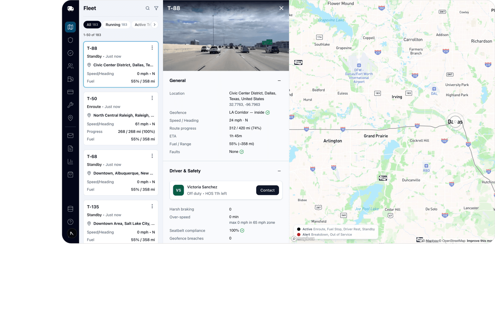 A live fleet-tracking map with AI-generated telemetry, streamed from Postgres