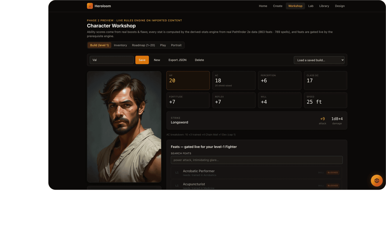 A Pathfinder 2e character builder with AI portraits that restyle every time you re-equip
