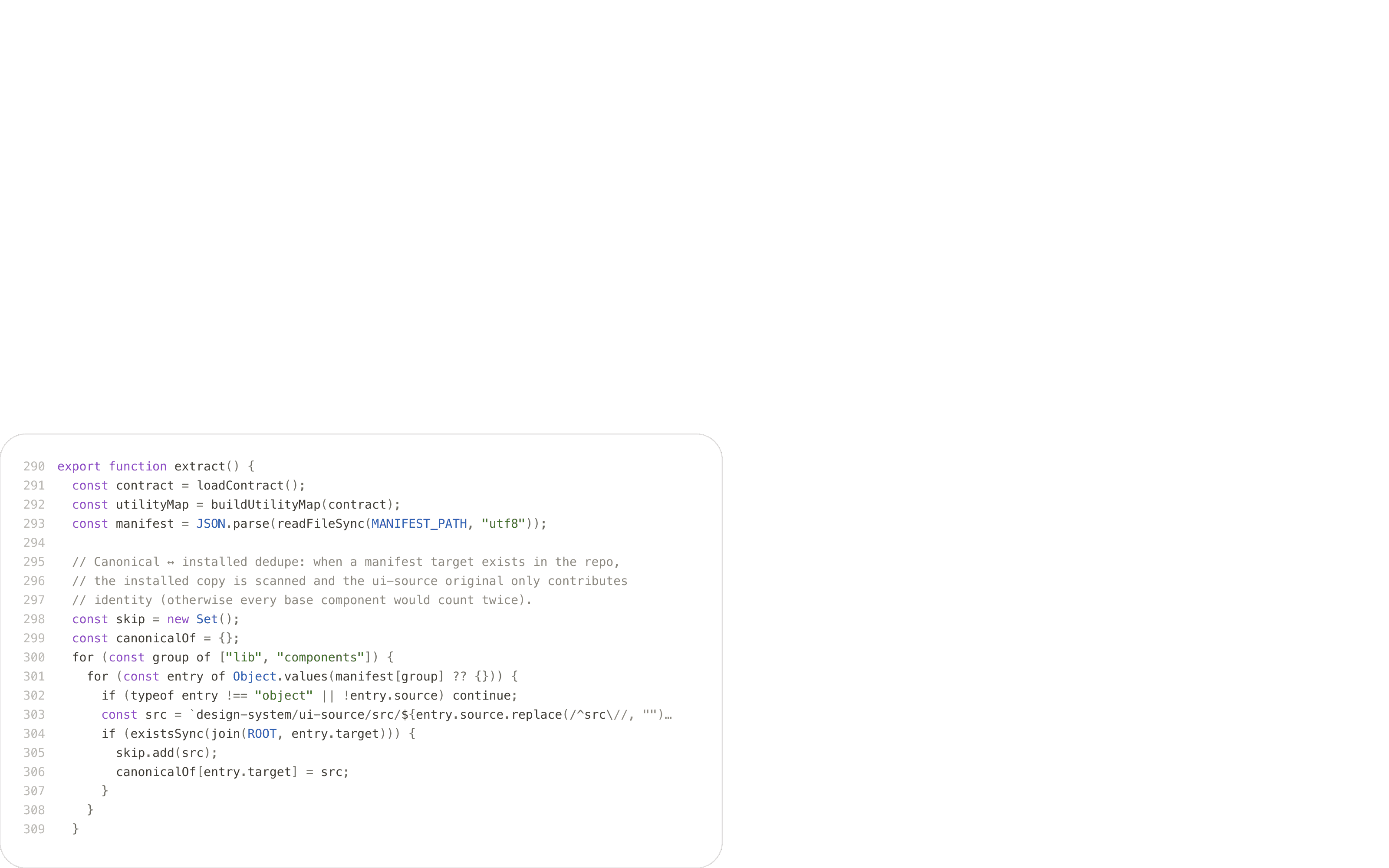 Every token, component and screen in this site, derived from source and drawn as one graph you can point at — the code behind it