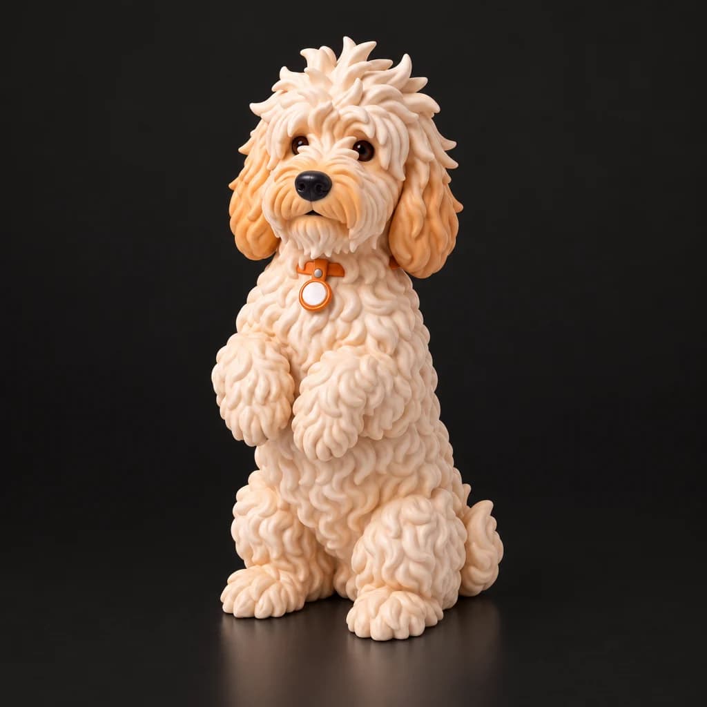Pushok figurine sitting up on hind legs with front paws raised, three-quarter front view