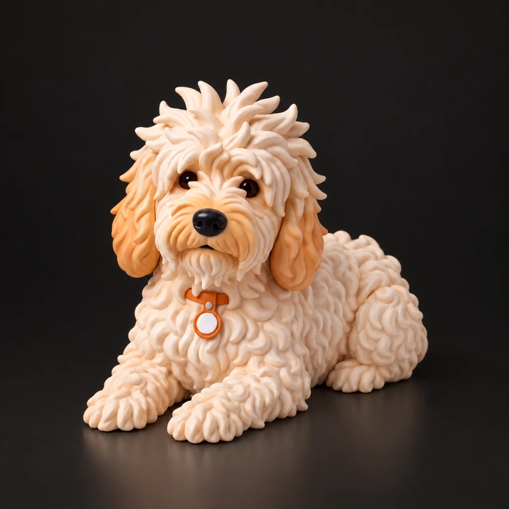 Pushok figurine lying down with paws stretched forward, three-quarter front view
